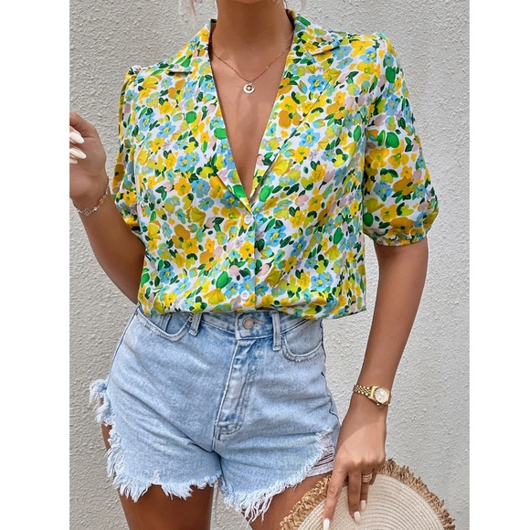 Floral Yellow Green Blue Button Down Puff Sleeve Shirt Lapel V-Neck - Picture 2 of 8
